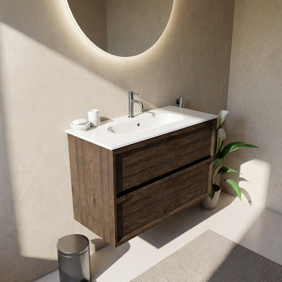 Saniclass Holz Frame Ensemble meuble de salle de bains - 100x45x73.9cm - Chaci lavabo en céramique blanc - 1 vasque - 1 trou de robinetterie - 2 tiroirs - chêne charcoal mat (bois)