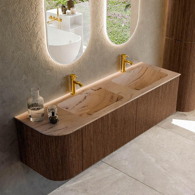 MONDIAZ KURVE-DLUX Meuble de salle de bains 155cm arrondi à gauche couleur Walnut avec 2 tiroirs et 1 porte. Lavabo LEAF Double / À droite 2 trous de robinet Arena.