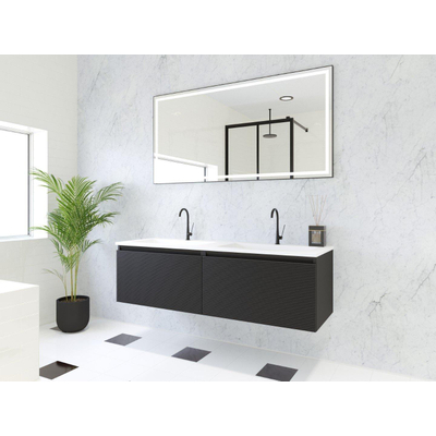 HR Matrix ensemble meuble de salle de bain 3d 140cm 2 tiroirs sans poignée avec bandeau couleur noir mat avec vasque fine 2 trous de robinetterie blanc mat