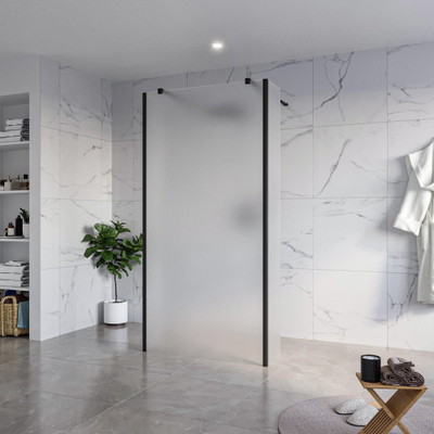 FugaFlow Eccelente Vetro Douche à l'italienne - 100x200cm - verre satiné - anticalcaire - verre de sécurité 8mm - 2 parois latérales 30cm - avec bras muraux et profilés d'angle - Noir mat