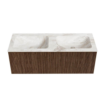 MONDIAZ KURVE-DLUX 120cm Meuble salle de bain - couleur Walnut - 1 tiroir - vasque LEAF double - 2 trous de robinet - couleur Frappe