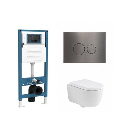 QeramiQ Dely Swirl Ensemble de toilette - réservoir encastré Qeramiq Flush - abattant 35mm - plaque de commande métal gunmetal - boutons ronds - blanc mat
