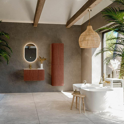 MONDIAZ KURVE-DLUX Meuble de salle de bains 75cm arrondi à droite couleur Ruby avec 1 tiroir et 1 porte. Lavabo GRUNNE à gauche 1 trou de robinet Arena.