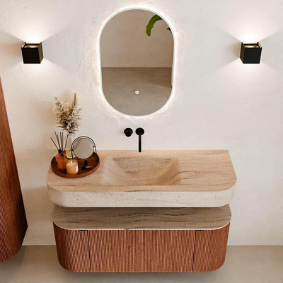 MONDIAZ THOR-DLUX 120cm meuble de salle de bains arrondi gauche + droite couleur Ruby avec 1 tiroir et 2 portes. Vasque suspendue CLOUD Milieu sans trou de robinet couleur Saba.