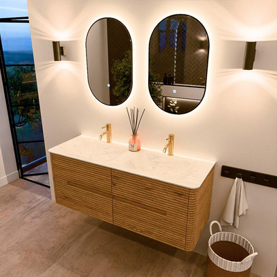 Mondiaz CIRO-DLUX Badkamermeubelset - 130x45x50cm - Solid surface wastafel Opalo - 2 wasbak Dubbel - 2 kraangaten - 4 lades - Oak