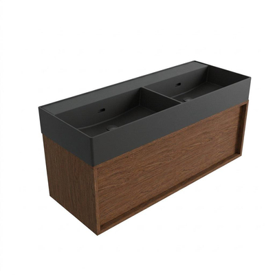 Saniclass Holz Frame Badkamermeubelset - 120x45x52cm - Legend keramische wastafel mat zwart - 2 wasbakken - zonder kraangaten - 1 lade - mat walnut pure (hout)