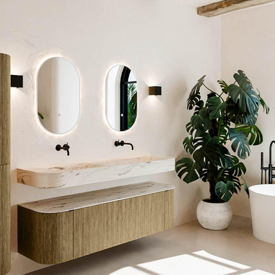 MONDIAZ THOR-DLUX 160cm meuble de salle de bains arrondi gauche + droite couleur Dusk avec 1 tiroir et 2 portes. Vasque suspendue CLOUD Double sans trou de robinet couleur Nata.