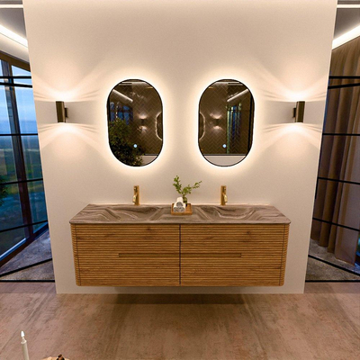 Mondiaz CIRO-DLUX Badkamermeubelset - 160x45x50cm - Solid surface wastafel Sombra - 2 wasbak Dubbel - 2 kraangaten - 4 lades - Oak