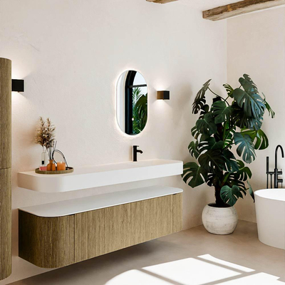 MONDIAZ THOR 170cm meuble de salle de bains arrondi gauche + droite couleur Dusk avec 1 tiroir et 2 portes. Vasque suspendue CLOUD Droite 1 trou de robinet couleur Talc.