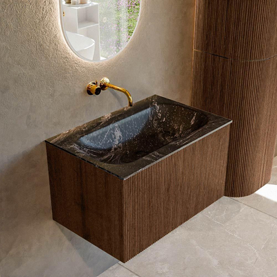 MONDIAZ KURVE-DLUX 70cm badmeubel kleur Walnut met 1 lade. Wastafel BIG SMALL midden zonder kraangat kleur Lava.