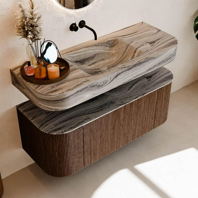 MONDIAZ THOR-DLUX 120cm badmeubel ronding links + rechts kleur Walnut met 1 lade en 2 deuren. Vrijhangende wastafel CLOUD Midden zonder kraangat kleur Sombra.