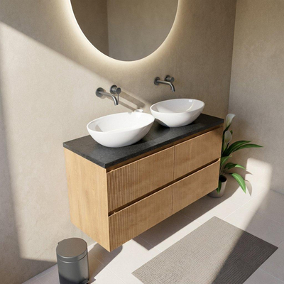 Saniclass Holz Atelier Ensemble meuble de salle de bains - 120x45x63cm - vasque en basalte Noche poli - 1 vasque - sans trou de robinetterie - 2 tiroirs - chêne natural mat (bois)