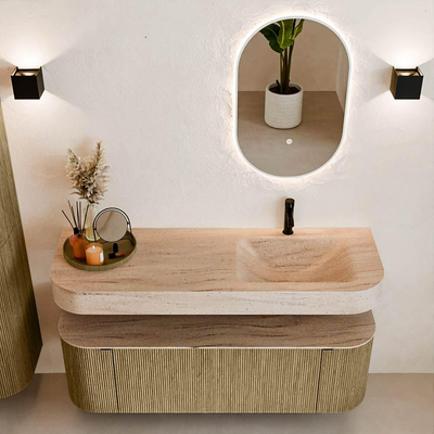 MONDIAZ THOR-DLUX 140cm meuble de salle de bains arrondi gauche + droite couleur Dusk avec 1 tiroir et 2 portes. Vasque suspendue CLOUD Droite 1 trou de robinet couleur Saba.