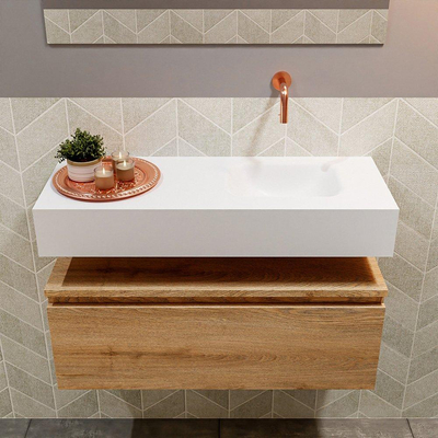 MONDIAZ ANDOR Meuble WC - 80x30x30cm - 0 trous de robinet - 1 tiroirs - chêne blanchi mat - vasque à droite - Solid surface - Blanc