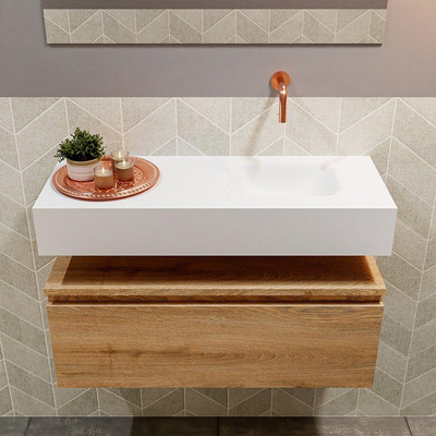 MONDIAZ ANDOR Toiletmeubel - 80x30x30cm - 0 kraangaten - 1 lades - washed oak mat - wasbak rechts - Solid surface - Wit