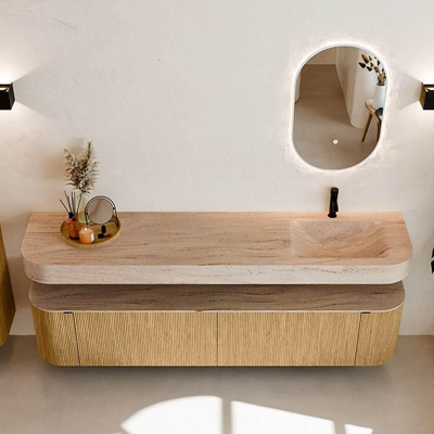 MONDIAZ THOR-DLUX 200cm badmeubel ronding links + rechts kleur Oak met 2 lades en 2 deuren. Vrijhangende wastafel CLOUD Rechts 1 kraangat kleur Saba.