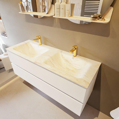 Mondiaz VICA-DLUX ensemble de meuble de salle de bain - 130cm - meuble sous-vasque talc - 2 tiroirs - lavabo encastré cloud double - 2 trous de robinet - version haute de 60cm - ostra