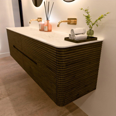 Mondiaz CIRO-DLUX Ensemble de meubles de salle de bains - 170x45x50cm - plan vasque solid surface Opalo - 2 vasques double - sans trous de robinet - 4 tiroirs - Shadow