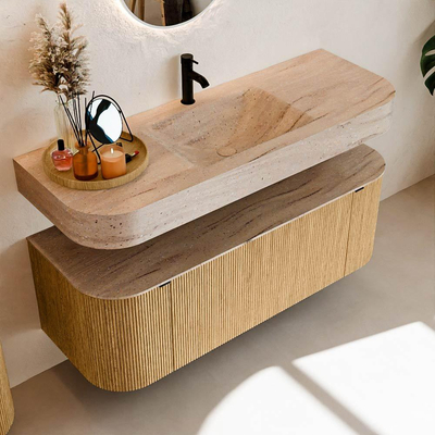 MONDIAZ THOR-DLUX 130cm badmeubel ronding links + rechts kleur Oak met 1 lade en 2 deuren. Vrijhangende wastafel CLOUD Midden 1 kraangat kleur Saba.