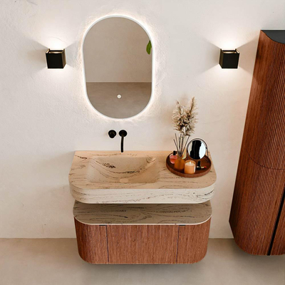 MONDIAZ THOR-DLUX 100cm meuble de salle de bains arrondi gauche + droite couleur Ruby avec 1 tiroir et 2 portes. Vasque suspendue CLOUD gauche sans trou de robinet couleur Arena.