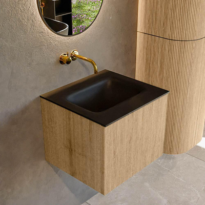 MONDIAZ KURVE 50cm Meuble salle de bain - couleur Oak - 1 tiroir - vasque GRUNNE centre - sans trous de robinet - Urban