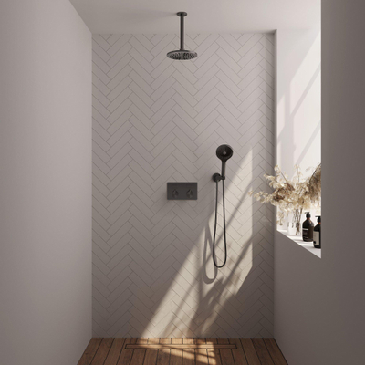 BRAUER gunmetal Edition Thermostatische Regendouche inbouw - drukknoppen - SET 59 - 20cm hoofddouche - plafondarm - 3 standen handdouche - doucheslang - wandaansluitbocht - gunmetal geborsteld PVD