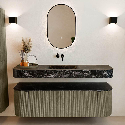 MONDIAZ THOR-DLUX 150cm badmeubel ronding links + rechts kleur Shadow met 1 lade en 2 deuren. Vrijhangende wastafel CLOUD Midden zonder kraangat kleur Lava.