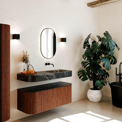 MONDIAZ THOR-DLUX 120cm meuble de salle de bains arrondi gauche + droite couleur Ruby avec 1 tiroir et 2 portes. Vasque suspendue CLOUD Droite sans trou de robinet couleur Lava.