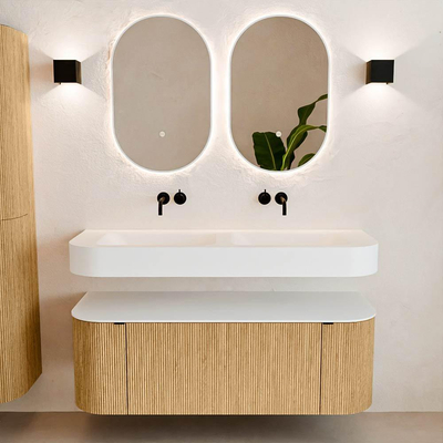 MONDIAZ THOR 130cm meuble de salle de bains arrondi gauche + droite couleur Oak avec 1 tiroir et 2 portes. Vasque suspendue CLOUD Double sans trou de robinet couleur Talc.