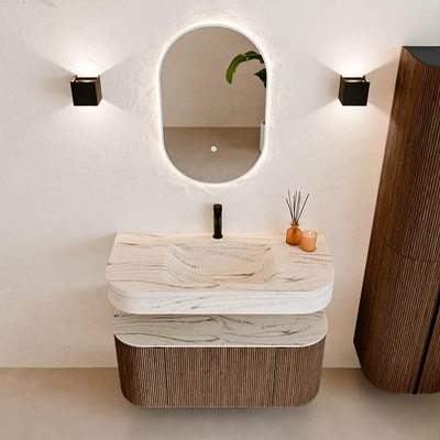 MONDIAZ THOR-DLUX Meuble de salle de bains - 100cm - arrondi gauche + droite - couleur Walnut - 1 tiroir et 2 portes - Vasque suspendue CLOUD Milieu 1 trou de robinet couleur Nata