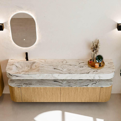 MONDIAZ THOR-DLUX 200cm meuble de salle de bains arrondi gauche + droite couleur Oak avec 2 tiroirs et 2 portes. Vasque suspendue CLOUD Gauche 1 trou de robinet couleur Glace.