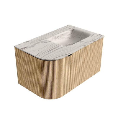 MONDIAZ KURVE-DLUX Meuble de salle de bains 75cm arrondi gauche couleur Oak avec 1 tiroir et 1 porte. Lavabo GRUNNE à droite sans trou de robinet Nata.