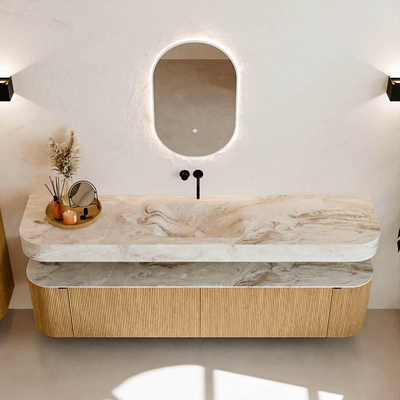 MONDIAZ THOR-DLUX 200cm meuble de salle de bains arrondi gauche + droite couleur Chêne avec 2 tiroirs et 2 portes. Vasque suspendue CLOUD Milieu sans trou de robinet couleur Frappe.