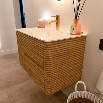 Mondiaz CIRO-DLUX Badkamermeubelset - 80x45x50cm - Solid surface wastafel Ostra - 1 wasbak Midden - 1 kraangat - 2 lades - Oak