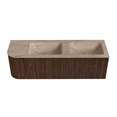 MONDIAZ KURVE-DLUX Meuble de salle de bains 145cm arrondi à gauche couleur Walnut avec 1 tiroir et 1 porte. Lavabo LEAF Double / Droite 2 trous de robinet Saba.