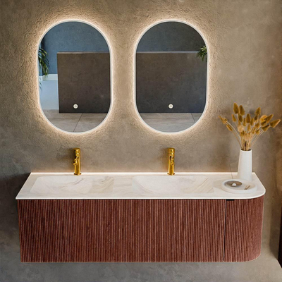 Mondiaz KURVE-DLUX Badkamermeubelset - 145x46x40cm - 1 lade - 1 deur - wastafel solid surface - dubbel / links - 2 kraangaten - Ruby