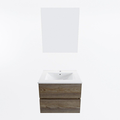 Mondiaz VICA ensemble de meuble de salle de bain - 60cm - meuble sous-vasque marron foncé gris - 2 tiroirs - lavabo denia milieu - 1 trou de robinet - couleur Blanc Brillant - miroir LED - version XL 60cm de haut