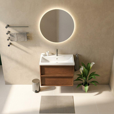 Saniclass Holz Frame Ensemble meuble de salle de bains - 80x45x63.5cm - Lavabo Bari en céramique blanc - 1 vasque - 1 trou de robinet - 2 tiroirs - noyer pure mat (bois)