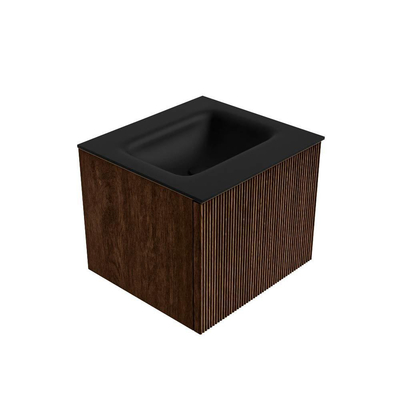 MONDIAZ KURVE 50cm badmeubel kleur Walnut met 1 lade. Wastafel GRUNNE midden zonder kraangat Urban.