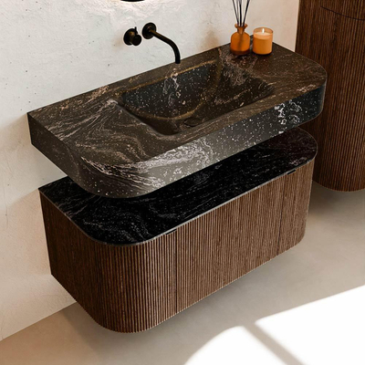 MONDIAZ THOR-DLUX 100cm badmeubel ronding links + rechts kleur Walnut met 1 lade en 2 deuren. Vrijhangende wastafel CLOUD Midden zonder kraangat kleur Lava.