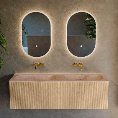 MONDIAZ KURVE-DLUX Meuble de salle de bains 140cm couleur Oak avec 2 tiroirs et 0 portes. Lavabo STOR SMALL Double sans trou de robinet Saba.