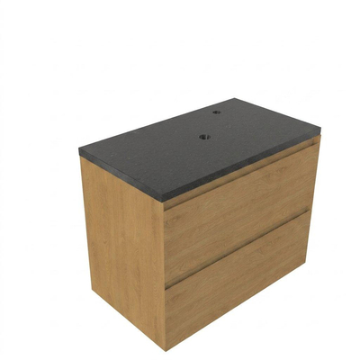 Saniclass Holz Pure Ensemble de meubles de salle de bains - 80x45x63cm - Plan vasque en basalte Noche poli (noir) - 1 trou de robinetterie - 2 tiroirs - chêne naturel mat (bois)