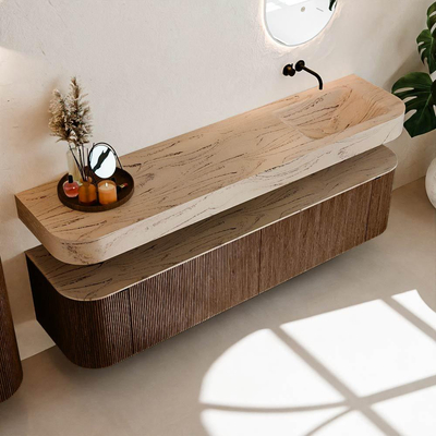 MONDIAZ THOR-DLUX 190cm badmeubel ronding links + rechts kleur Walnut met 2 lades en 2 deuren. Vrijhangende wastafel CLOUD Rechts zonder kraangat kleur Arena.