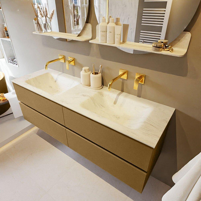 Mondiaz VICA-DLUX ensemble de meuble de salle de bain - 150cm - meuble sous-vasque oro - 4 tiroirs - lavabo encastré cloud double - sans trous de robinet - version haute de 60cm - opalo