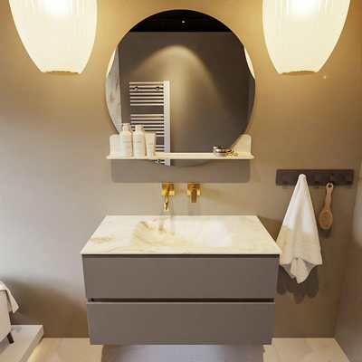MONDIAZ VICA-DLUX Ensemble meuble de salle de bains - 90cm - sous-meuble smoke - 2 tiroirs - lavabo encastré cloud central - sans trous de robinet - version haute 60cm - frape