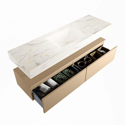 Mondiaz ALAN-DLUX Ensemble de meuble - 150cm - meuble Oro mat - 2 tiroirs - Lavabo Cloud Ostra suspendu - vasque Centre - 0 trous de robinet