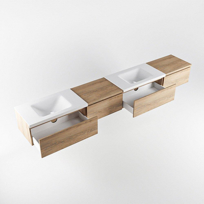 MONDIAZ BUKLA 280cm ensemble de meuble avec module 60 gauche couleur Chêne blanchi avec 4 tiroirs. Lavabo CLOUD double 2 trous de robinet couleur Talc.