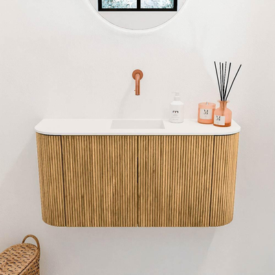 Mondiaz JOYA 83.2cm toiletmeubel - ronding links en rechts kleur Oak - Wastafel FAYE positie Midden Zonder kraangat kleur Talc.