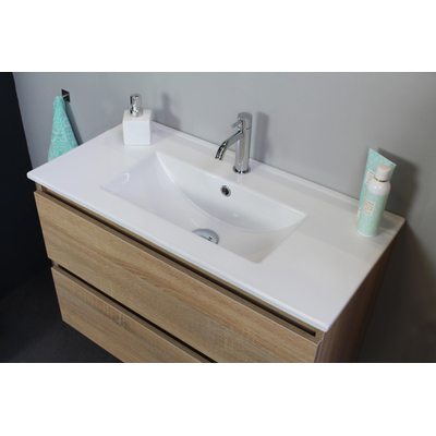 Basic Line Bella Ensemble meuble de salle de bains - 80x55x46cm - 1 lavabo - Céramique - Blanc - 1 trou de robinet - Sans miroir - MDF chêne