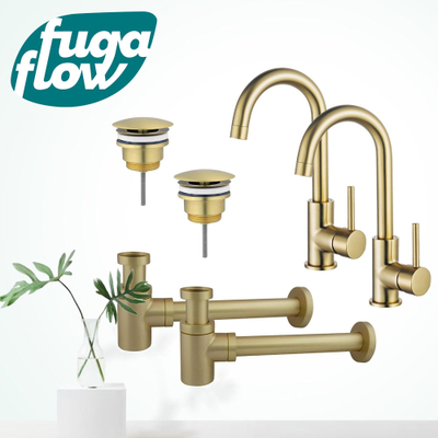 FugaFlow Eccelente Sobrado Badkamer Wastafelkraanset - voor dubbele wastafel - hoge wastafelkraan - draaibare uitloop - always open plug - verlaagde design sifon - PVD Geborsteld Messing